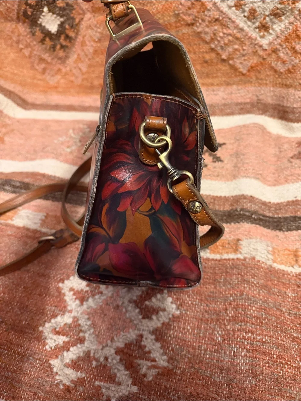Patricia Nash Leather Chauny Poppy Red Forest Tan Print on All Sides